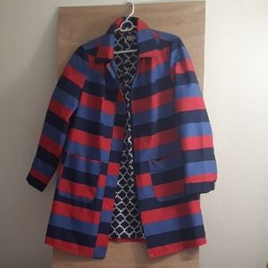 Chico's Red and Blue Rain Jacket With Detachable Hood